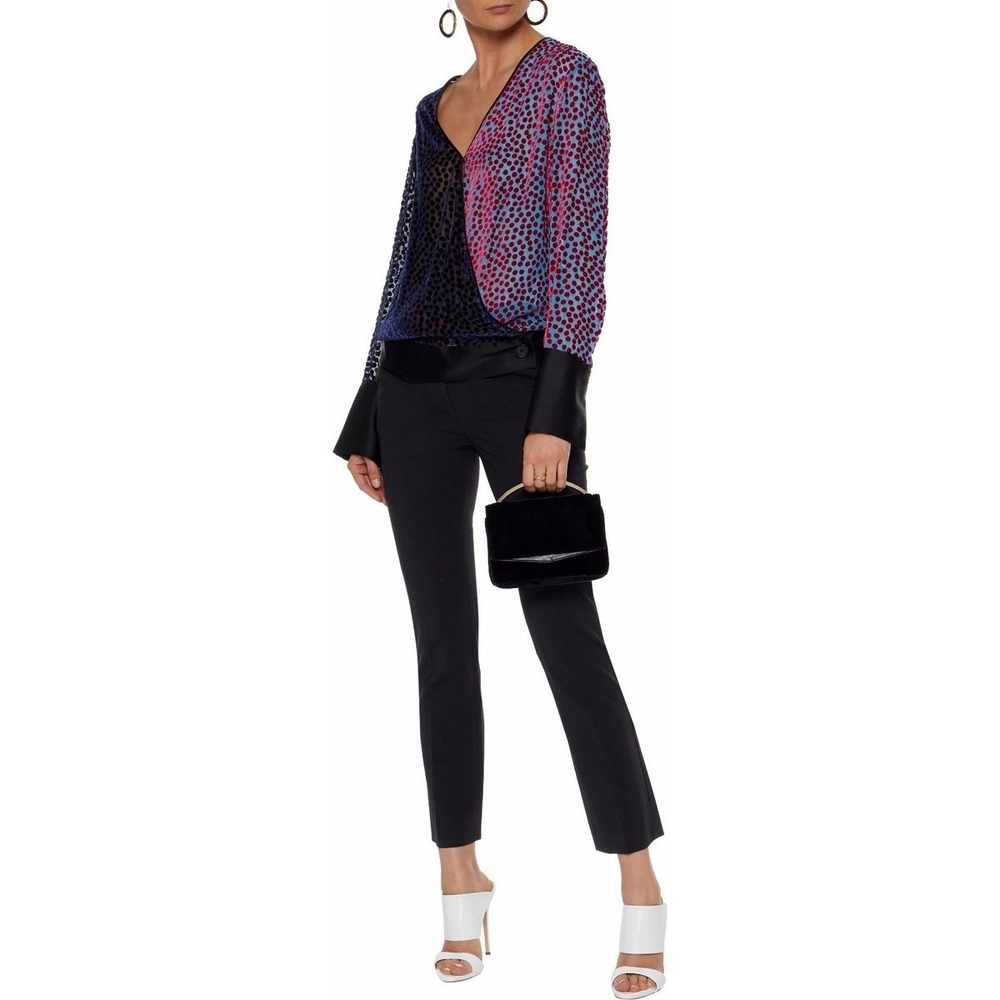 Diane von Furstenberg DVF Polka Dot Devore Burnout Silk Blend Blouse Navy Red